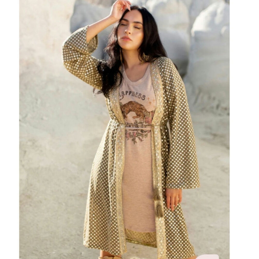 NWT Joyfolie Luisa Duster Green Gray Gold Sequin Embroidered Kimono Cardigan L
